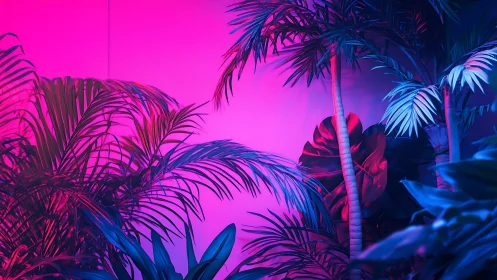 Neon tropical palms under magenta and cyan studio lights.