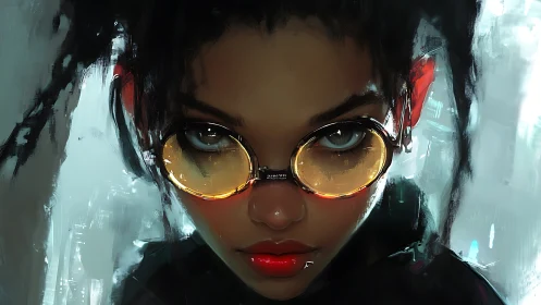 Cyber portrait with neon glasses and intense direct gaze.