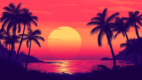 Neon tropical sunset coast with silhouetted palm forests.
