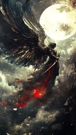 Midnight winged guardian rising beneath a glowing moon.