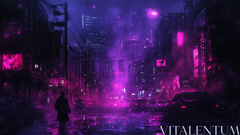 Midnight neon rain stroll through a dreamy cyber city.