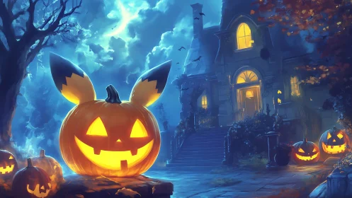 Eerie pumpkin creature glows before a haunted mansion at night.