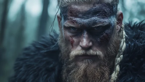 Warrior with braided beard stares forward, face painted dark