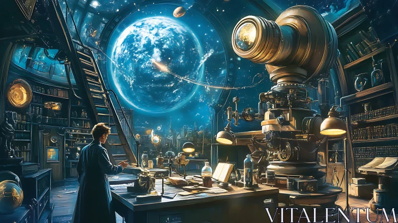 Astrophysical observatory lab with colossal brass projector.