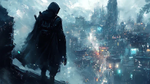 Wanderer in the neon fog, watching a restless future city.