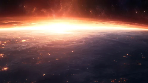 Gentle cosmic sunrise spilling light across a quiet world.