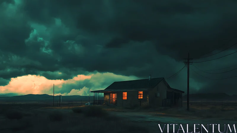 Storm-lit desert house contrasts warm windows with brooding sky