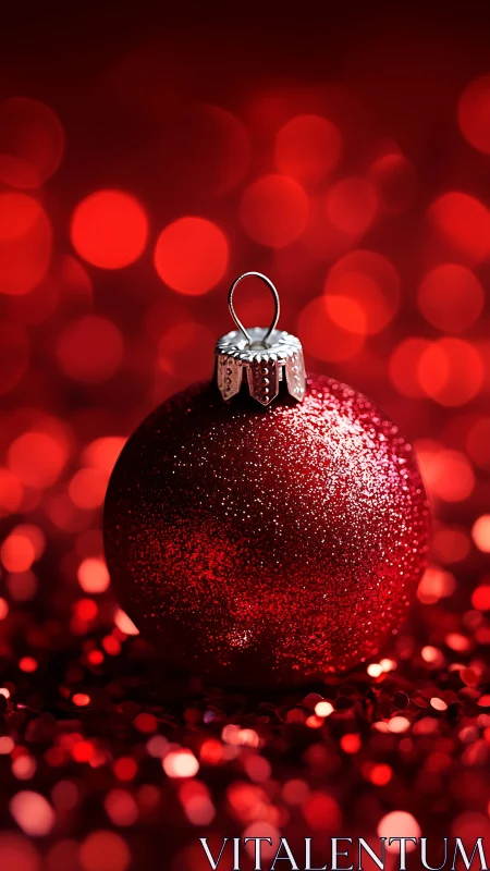Macro close-up of glitter red Christmas bauble with bokeh lights