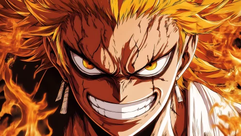 Incandescent anime warrior portrait with combustion dynamics.