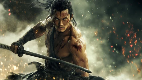 Wounded warrior holding katana amid smoke and sparks.