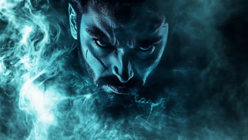 Fierce blue-lit warrior emerging from swirling mystical smoke.