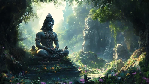 Forest light hums as a stone yogi anchors the waking jungle