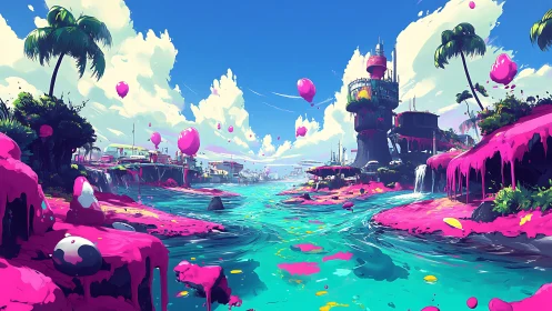 Coastal landscape depicts stylized structures and saturated water