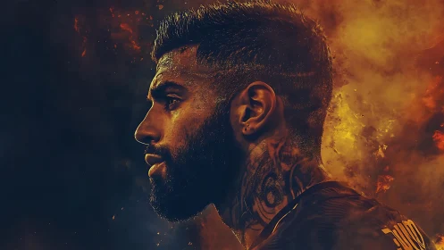 Tattooed footballer profile amid fiery abstract smoke.