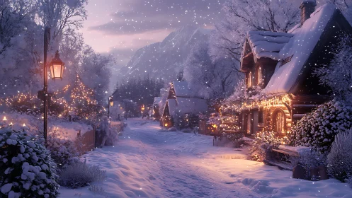 Snow-laden village street rendered with warm emissive lighting and depth