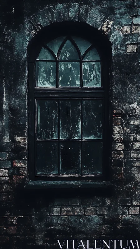 Aged arched window set in weathered brick fa&ccedil;ade under low light