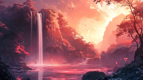 Crimson waterfalls pour daylight into a dream-bright valley
