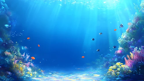 Submerged coral reef scene shows fish dispersed in clear water