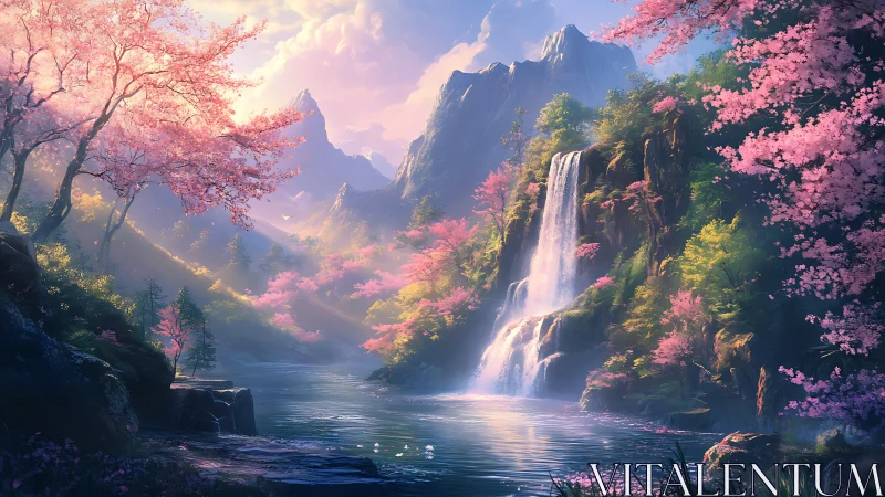 Spectral spring waterfall in high-altitude sakura valley.