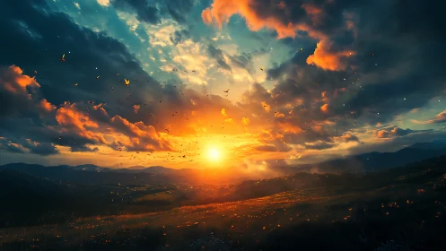 High-dynamic range sunset sky over rolling hills with volumetric clouds