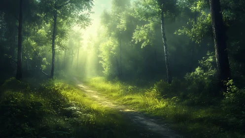 Sunlit forest path with lush greenery in a dreamy, natural style.