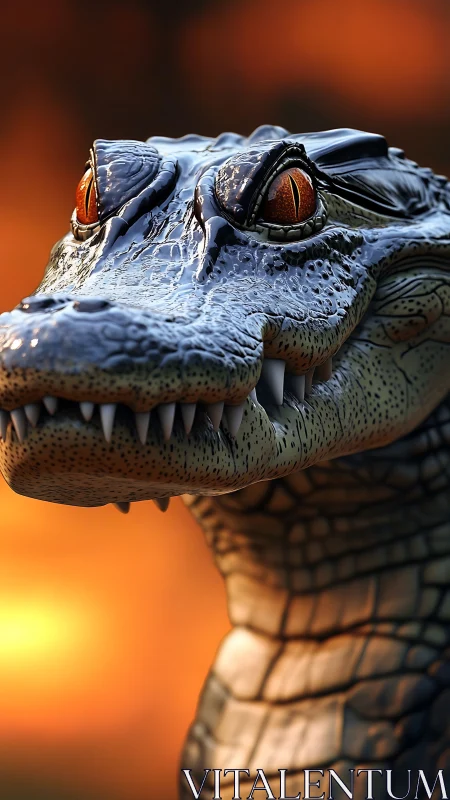 Crocodile head close-up against blurred warm sunset sky.
