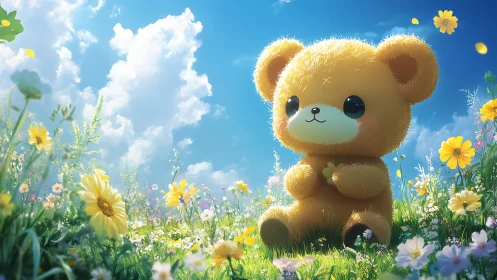 Sunlit meadow teddy dreaming under wide cotton clouds.