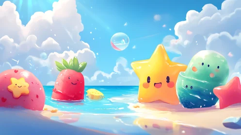 Smiling kawaii beach characters bask under a bright summer sky