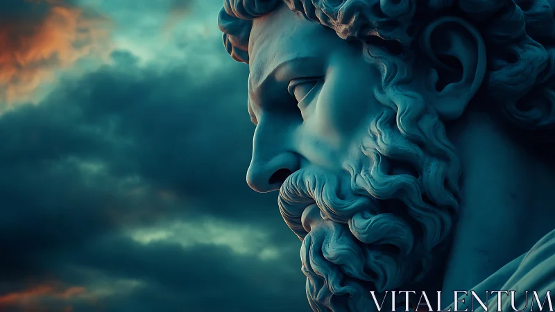 Monumental marble profile under cinematic storm sky.