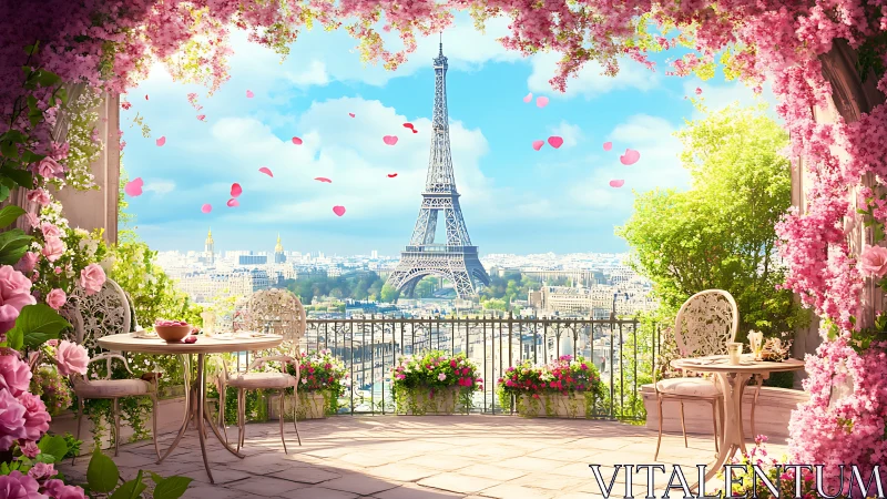 Romantic Parisian terrace panorama with floral framing.