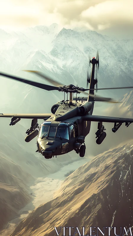 Tactical utility helicopter over glacial alpine canyon at dusk