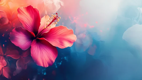 Hibiscus flower with gradient background and atmospheric effects.