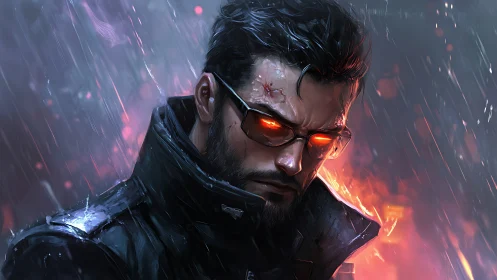 Cybernetic warrior glares through rain with burning red eyes