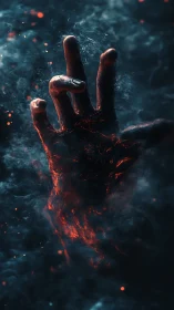 Fiery hand reaches through swirling smoke with molten energy