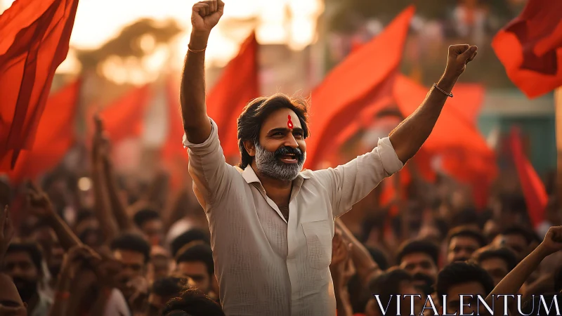 Photorealistic political rally portrait with red flag geometry.