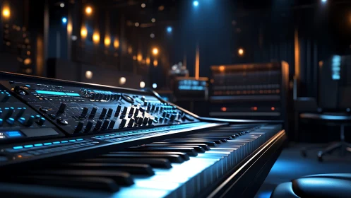 Photorealistic synth workstation in cinematic studio lighting.