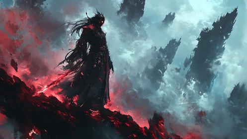 Shadowblade wanderer on a burning sky rift cliffside.