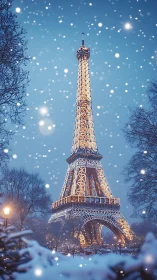Eiffel Tower viewed in winter snowfall at twilight in Paris.