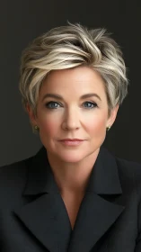 Woman with short highlighted hair looks directly at camera