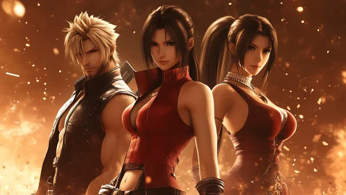 Three anime warriors in fiery orange cinematic lighting.