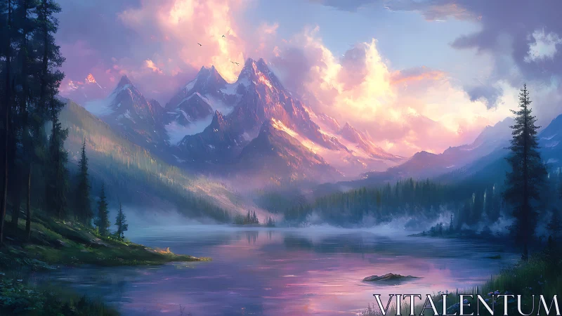 Dawn-kissed alpine giants mirrored in a lavender dream lake.