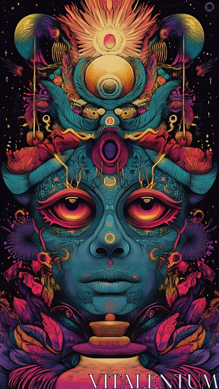 Cosmic shaman mask ignites a neon jungle of stardust dreams.