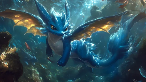 Blue aquatic dragon glides through radiant coral reef waters