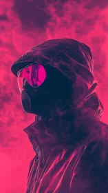 Hooded figure in respirator mask amid dense pink vapor.