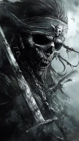 Skeletal pirate warrior with sword in stormy grayscale scene.