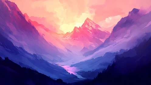 Digital mountain valley landscape under vivid sunset light.