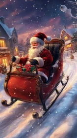 Santa in red sleigh moves through snowy village street at dusk