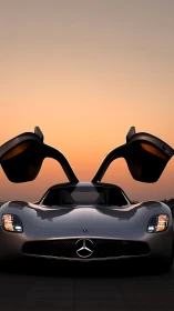 Sleek silver supercar opening its wings at sunset glow.