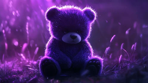 Moody violet teddy bear brooding in twilight meadow hush.