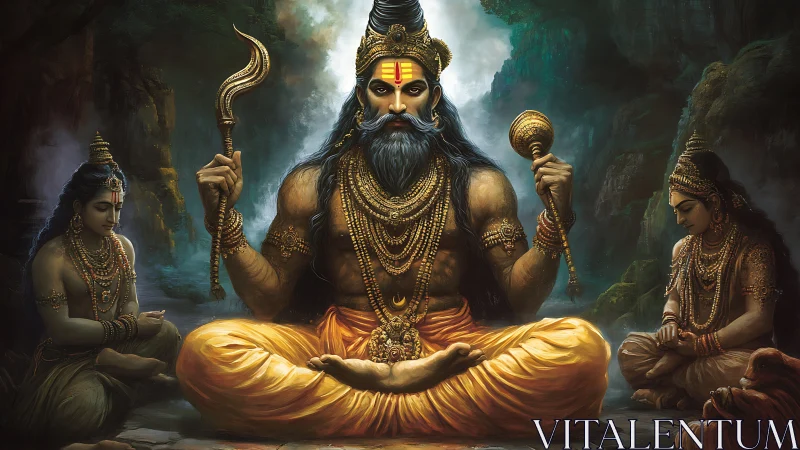 Mountain sage king in molten gold robes, haloed by devotion.